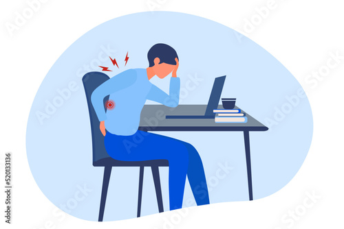 Businessman suffering from back and neck pain by office syndrome from sitting and work too long vector illustration