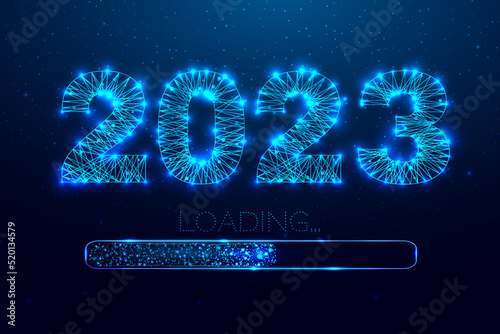 New year 2023 loading. Loading bar. Low poly style design. Numbers from a polygonal wireframe mesh. Abstract vector illustration on dark background.