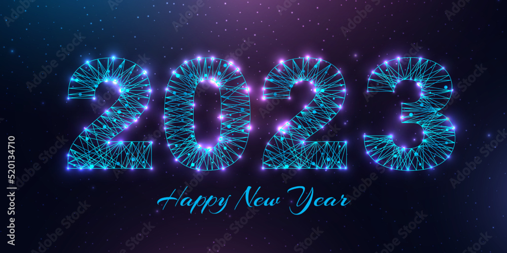 Happy new year 2023 greeting card. Low poly style design. Numbers from a polygonal wireframe mesh. .Abstract vector illustration on dark background..