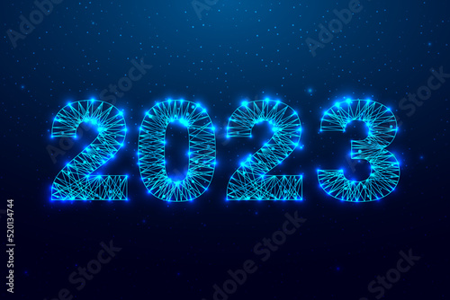 Happy new year 2023 greeting card. Low poly style design. Numbers from a polygonal wireframe mesh. .Abstract vector illustration on dark background..