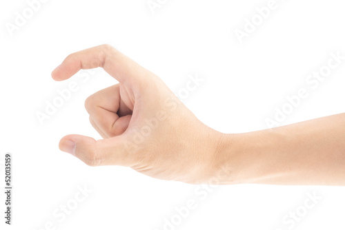 A hand holding or picking up something with the fingers, Isolated on white background, Clipping path Included.
