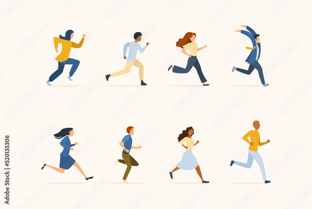 group of businessmen running, big Set of ambitious people running fast, hurrying to their goals and rushing on urgent businesses. Concept of aspiration to success
