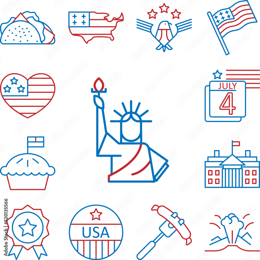 USA, statue of Liberty icon in a collection with other items USA, statue of Liberty icon in a collection with other items