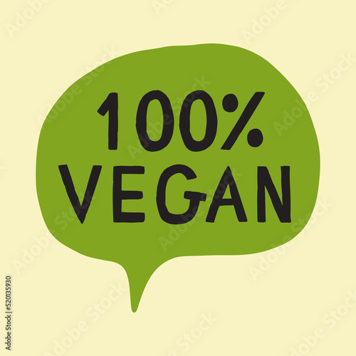 100% Vegan - modern hand drawn green bubble speech with the concept of healthy lifestyle, eco, bio food label for cafe menu, restaurant, web article, organic veggie market, and vegetarian products.