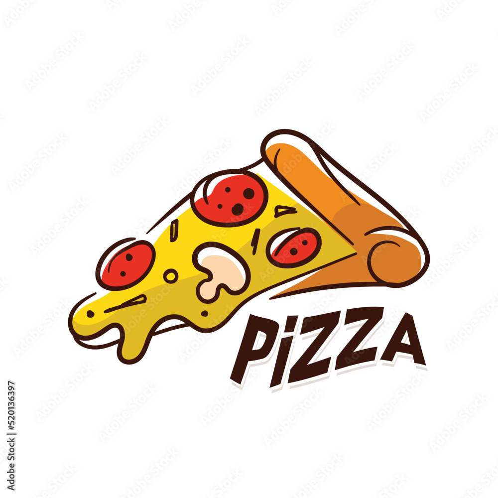 Pizza slice with melted cheese and pepperoni. Cartoon sticker in comic style with contour. Decoration for greeting cards, posters, patches, prints for clothes, emblems. Illustration Vector design Pizza slice with melted cheese and pepperoni. Cartoon sticker in comic style with contour. Decoration for greeting cards, posters, patches, prints for clothes, emblems. Illustration Vector design