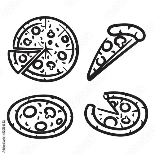 Hand drawn sketch style pizza set. Different types of pizza. Whole and pieces with melted cheese. Best for menu design and packaging. Vector illustrations.
