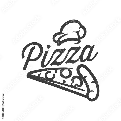 Pizza slice logo with hat chef for restaurant and cafe, black and white vector illustration isolated on white background.
