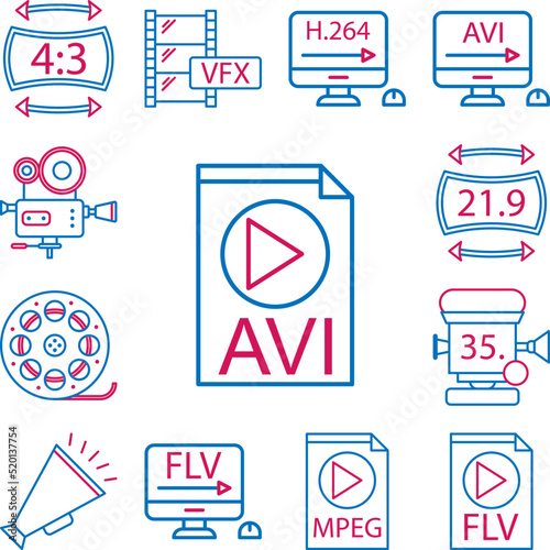 Video production, avi icon in a collection with other items