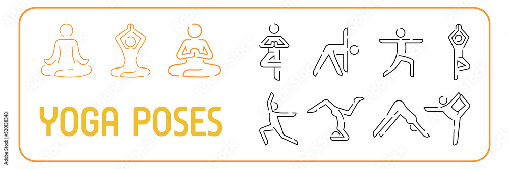 Yoga poses vector line icons set. Yoga symbols or sign. Gymnastics exercises, stretching and meditation. Healthy lifestyle sport illustrations