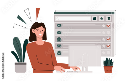 Girl deletes messages. Woman at laptop clean up electronic mail. Fight spam and save memory. Business correspondence and special offers for clients on Internet. Cartoon flat vector illustration
