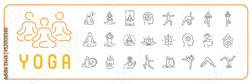 Set line icons of meditation and yoga. Healthy lifestyle sport or gymnastics exercises, stretching vector sign