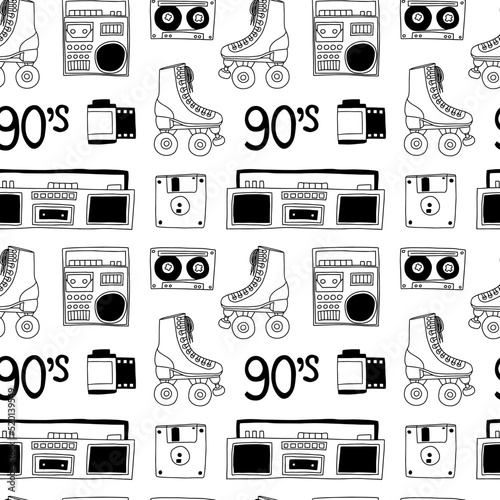 90's party vector seamless pattern. Doodle cassette player, boombox, roller skate, cassette, floppy disk isolated on white background.