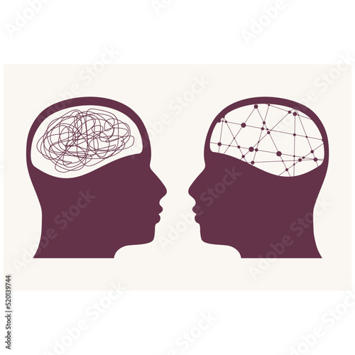 Metaphor bipolar disorder mind mental. Split personality. Concept mood disorder. Two head silhouette. Psychology and mental health. Dual personality concept. Tangle and untangle
