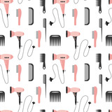 Hair salon vector seamless pattern. Flat seamless pattern with hair dryer and comb on white background.