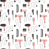 Hair salon vector seamless pattern. Flat seamless pattern with hair dryer and comb on white background.