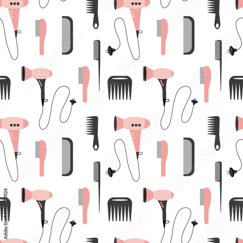 Hair salon vector seamless pattern. Flat seamless pattern with hair dryer and comb on white background.