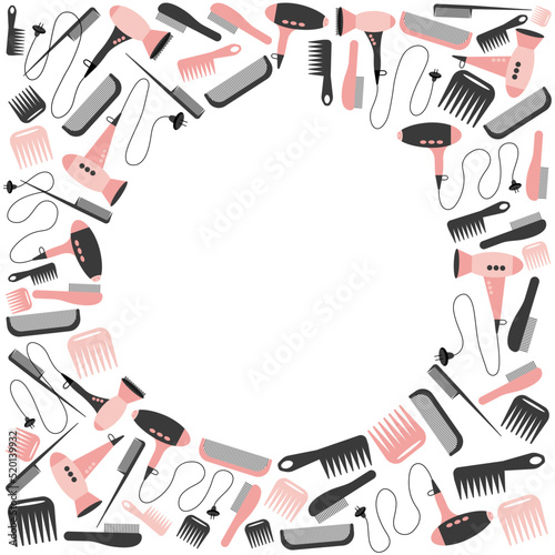 Hair salon tools flat frame isolated. Flat beauty salon vector tools frame.