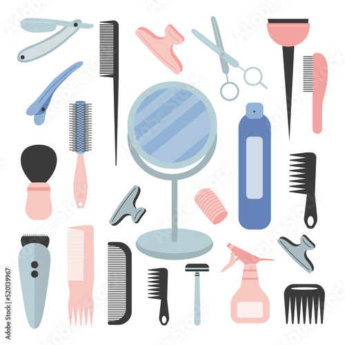 Beauty salon vector big set. Hair salon different tools flat style set. Hair comb. scissors, mirror, shaving trimmer, spray and razor blade.