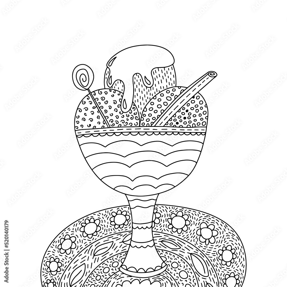 Coloring page with ice cream in glass bowl vector illustration. Cute
