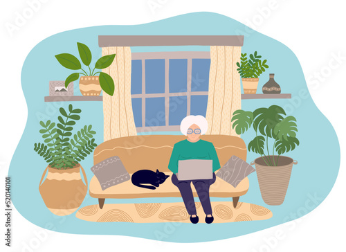 Old woman with grey hair using laptop on sofa at home. Cute granny surfing internet in home interior vector flat illustration
