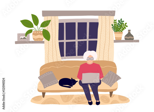 Old woman with grey hair using laptop on sofa at home. Cute granny surfing internet in home interior vector flat illustration