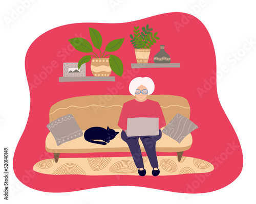 Old woman with grey hair using laptop on sofa at home. Cute granny surfing internet in home interior vector flat illustration