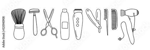 Doodle vector barber shop elements set isolated. Hand drawn barbershop and hair salon stickers on white background.