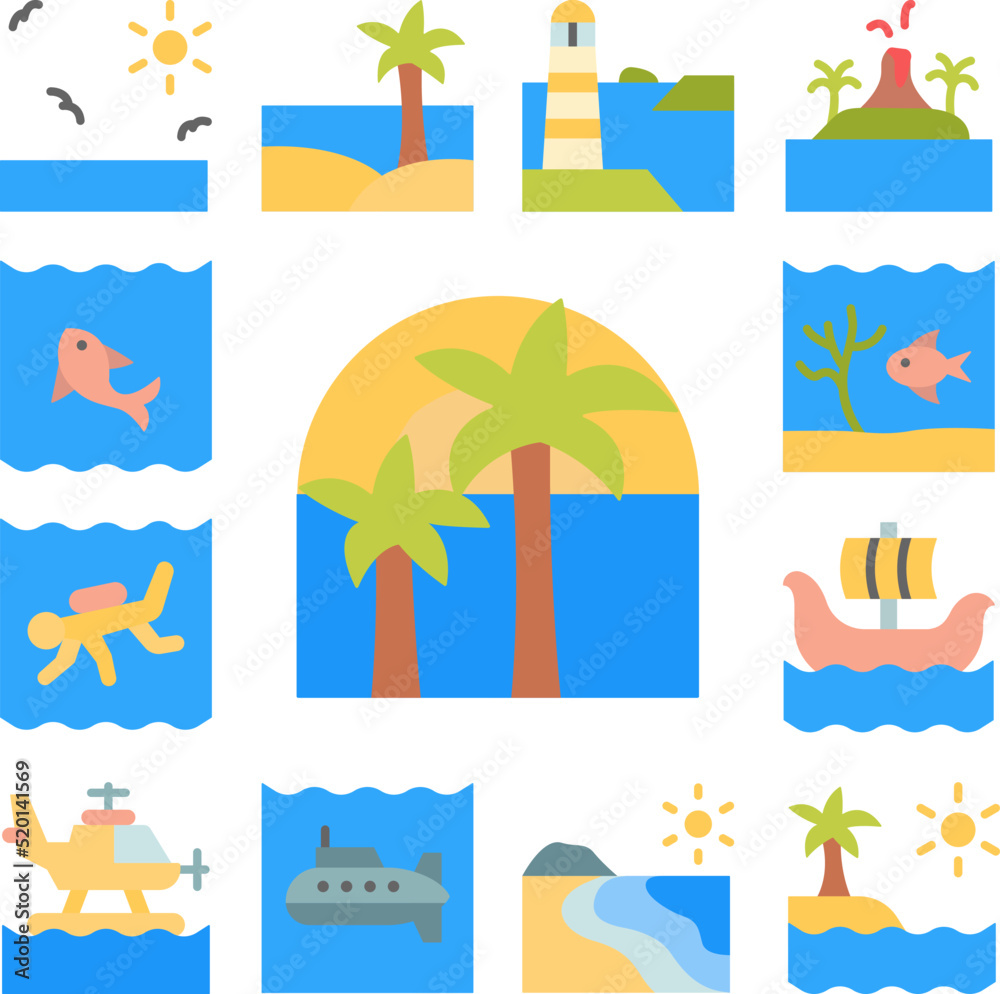 Palms, sun, ocean icon in a collection with other items