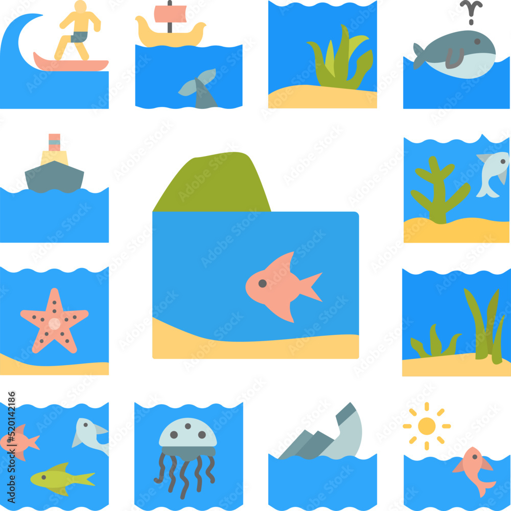 Fish, island, ocean icon in a collection with other items