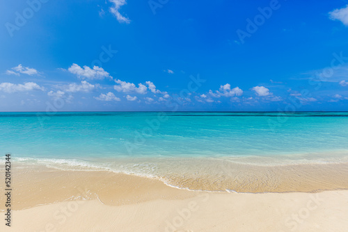 Summer vacation, holiday background of a tropical beach and blue sea and white clouds with relaxing waves. Seascape horizon, tranquil summer background. Travel scenic, exotic coast, shore landscape