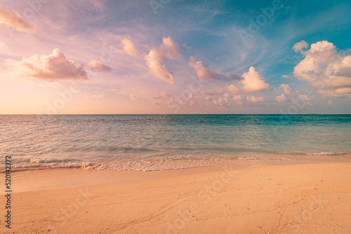 Fototapeta Naklejka Na Ścianę i Meble -  Closeup sea sand beach. Beautiful beach landscape. Inspire tropical beach seascape horizon. Dreamy sunset sky calm tranquil relax sunset summer mood. Positive energy, meditation summer tropical island