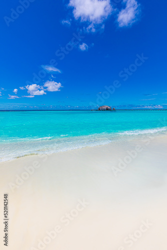 Summer vacation  holiday background of a tropical beach and blue sea and white clouds with relaxing waves. Seascape horizon  tranquil summer background. Travel scenic  exotic coast  shore landscape