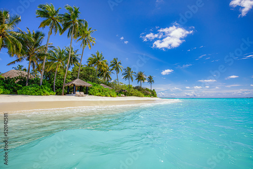 Fototapeta Naklejka Na Ścianę i Meble -  Summer travel background. Exotic tropical beach island, paradise coast. Palm trees white sand, amazing sky ocean lagoon. Fantastic beautiful nature background, sunny day idyllic inspirational vacation