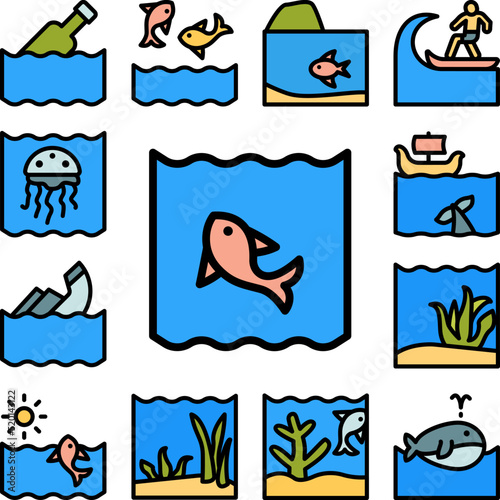 Fish, pink, ocean icon in a collection with other items © rashadaliyev