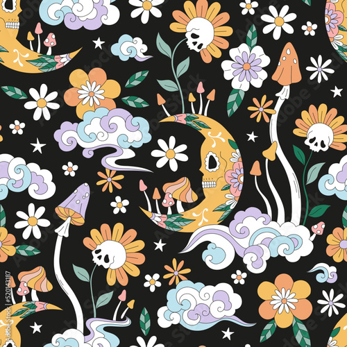 Trippy Mushrooms Scull Crescent Flowers groovy vector seamless pattern. Retro 60s 70s boho mystic night floral background. Hippie Halloween surface design.