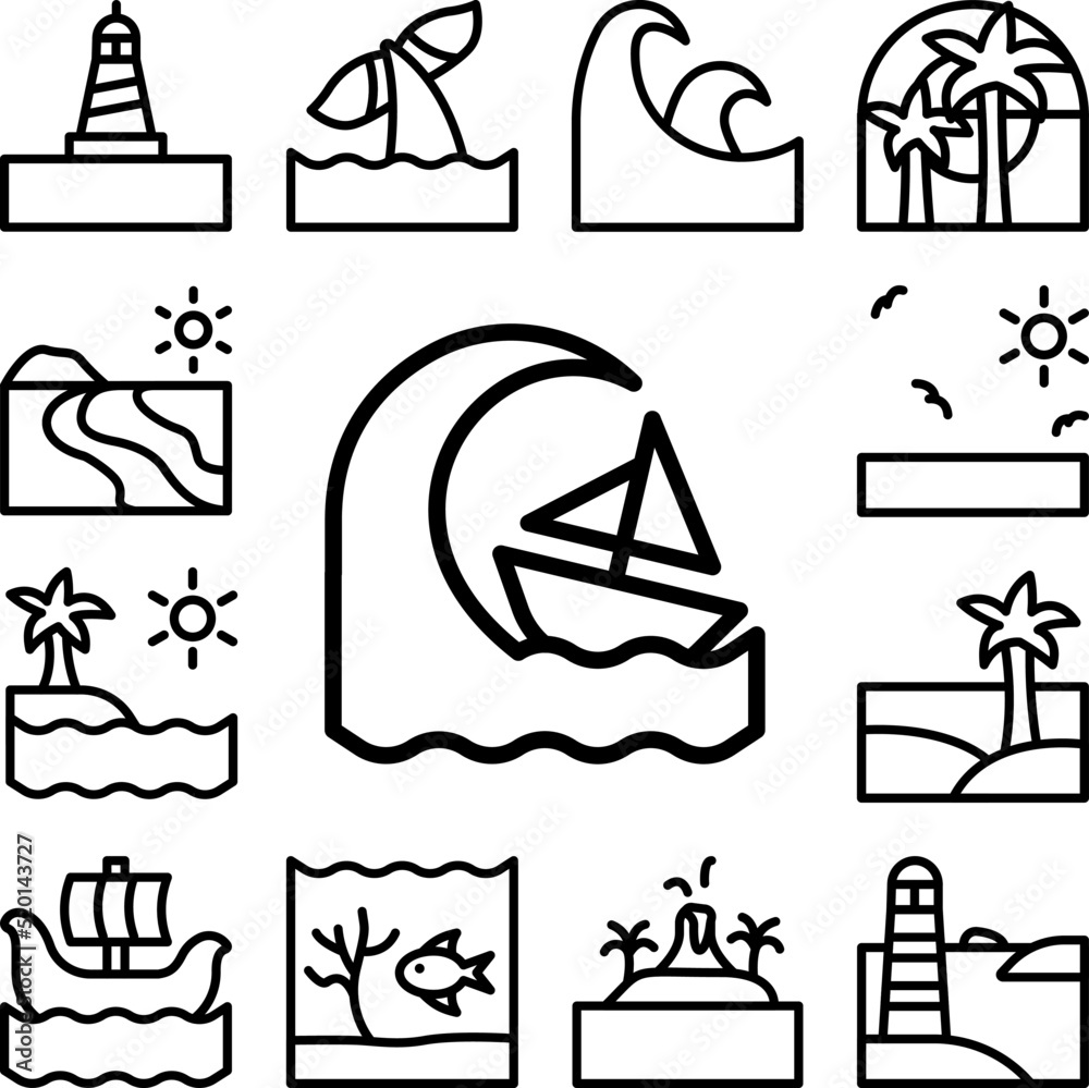 Storm, wave, boat, ocean icon in a collection with other items Storm, wave, boat, ocean icon in a collection with other items