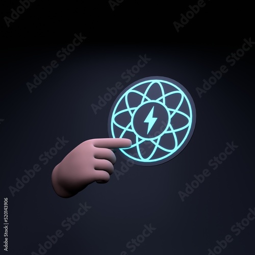 The hand is holding a Neon ECO icon. Ecology Conservation Concert. 3d render illustration.