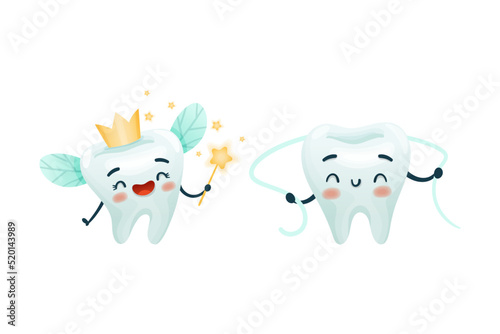 Dental Care with Cute Funny Tooth Character with Floss and Magic Wand Vector Set