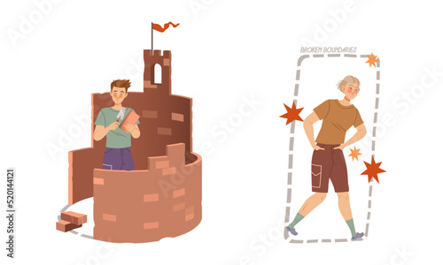Personal Boundaries with Man Building Brick Castle and Broken Space for Social Interaction Vector Set