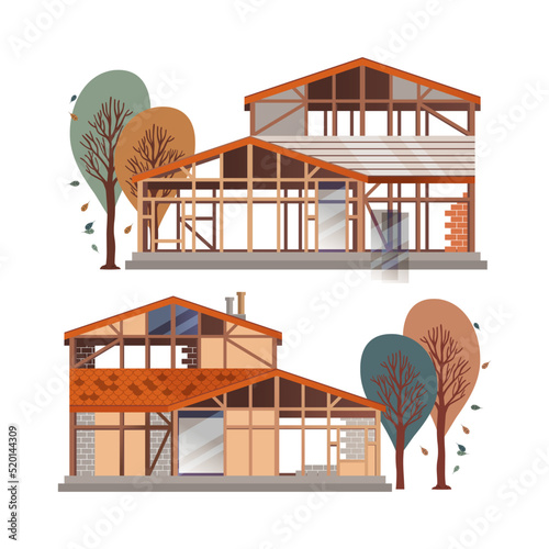 Unfinished House with Wooden Frame and Layered Brick Walls and Tree in the Yard Vector Set