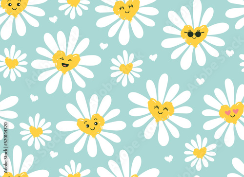 Cute smiling daisy flower seamless pattern. Chamomile with happy emotion.illustration for nature design. Vector cartoon background. 
