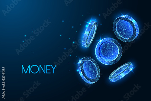 Money, finance concept with falling shiny coins in futuristic glowing low polygonal style on blue 