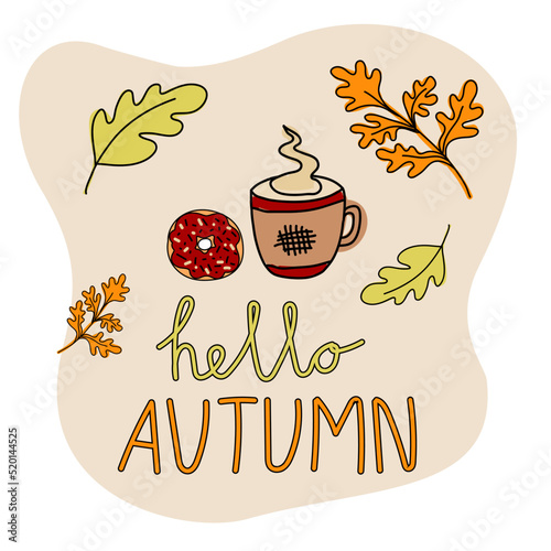 Hello autumn. Coffee cup with donut on autumn leaves background.