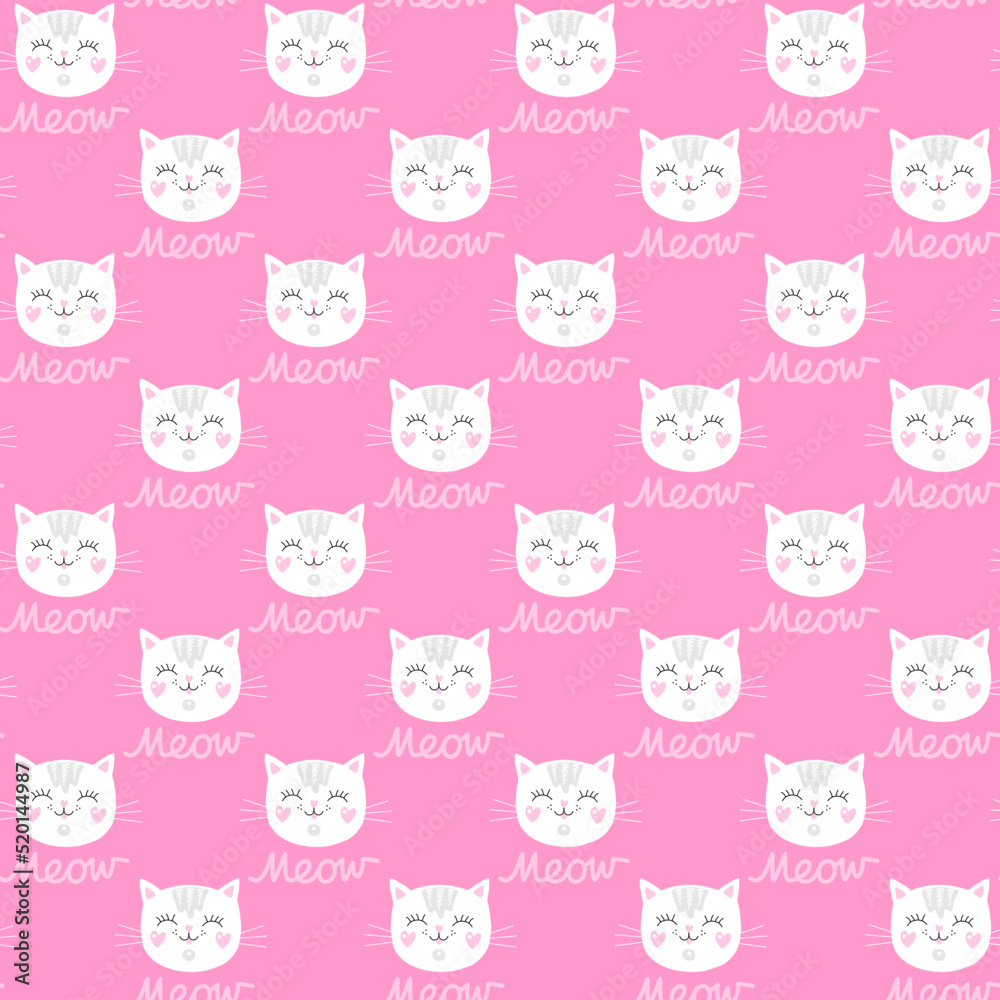 Seamless pattern with cute cartoon cat faces and Meow lettering on a pink background in vector. Animal print for fabric for newborns, toddlers.