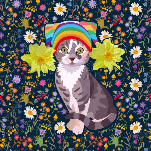 Pussycat fashionista in knitted hat with pom-poms in form of dahlia flowers in front of meadow on dark blue background. Seamless fabric print, pillow, napkin with symbol of Chinese year of the cat.