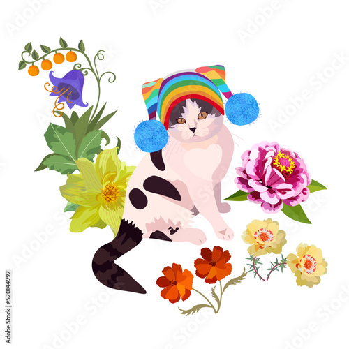 A cute kitty in a knitted hat with pom-poms sits among garden flowers isolated on a white background. Beautiful postcard, print for t-shirts, pillows, napkins.