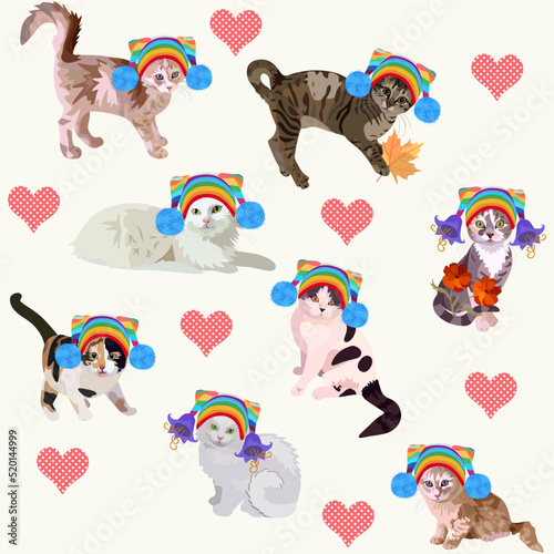 Seamless print for fabric with cats in colorful knitted hats with pom-poms and red hearts with white polka dots, isolated on white background in vector.