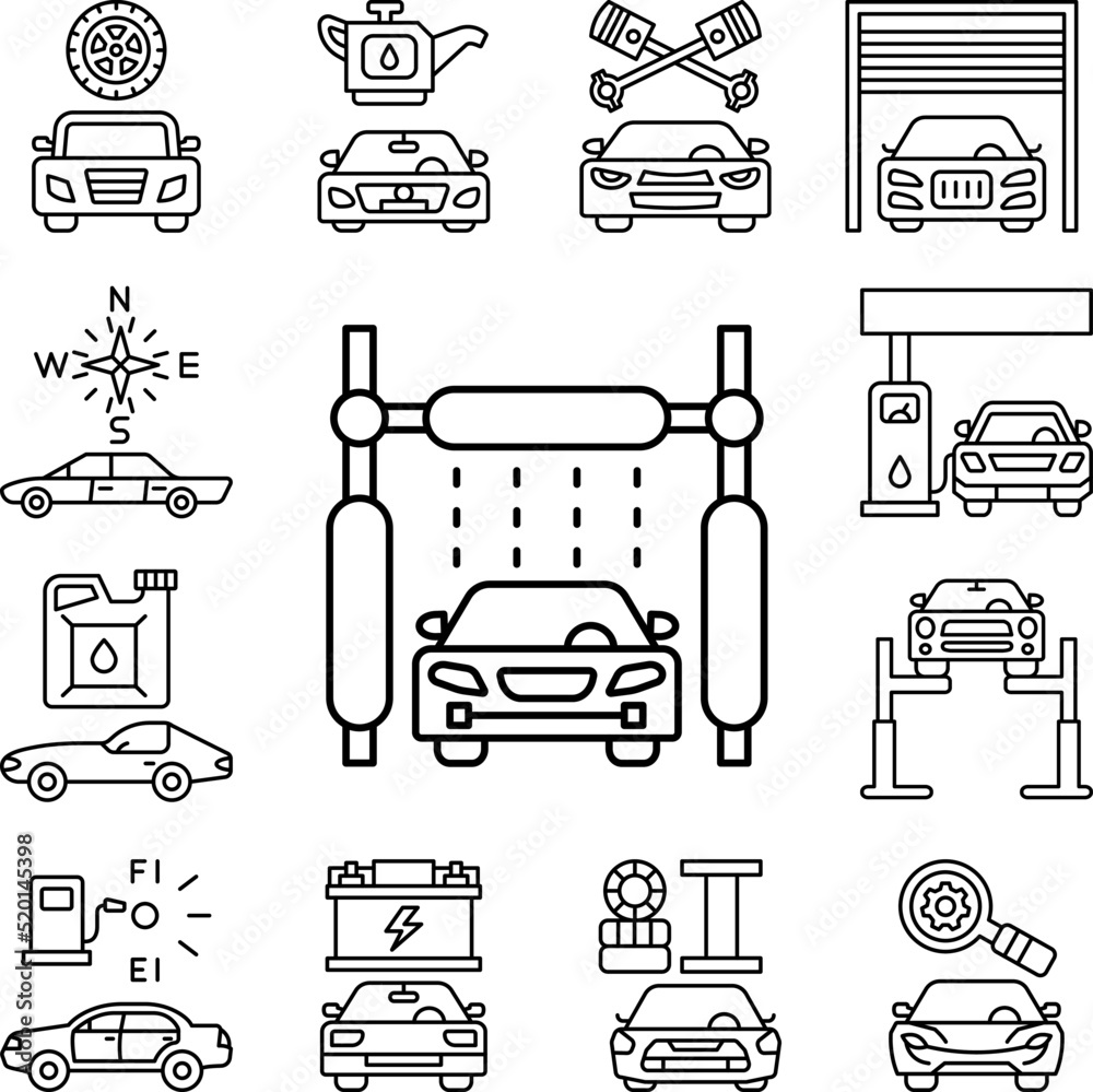 Car wash machine, car icon in a collection with other items