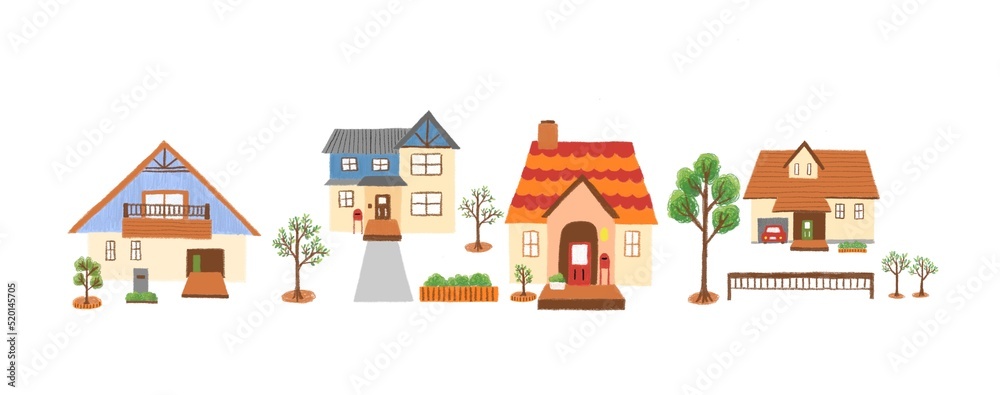 住宅街の街並みの色鉛筆画イラスト(線画なし) 住宅街の街並みの色鉛筆画イラスト(線画なし)