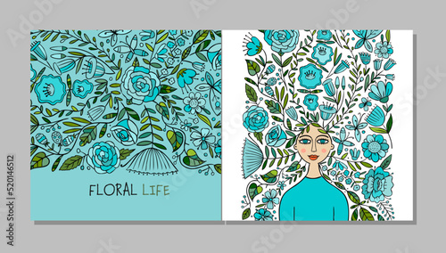Floral female portrait, pretty woman with floral hairs. Concept art for your ...